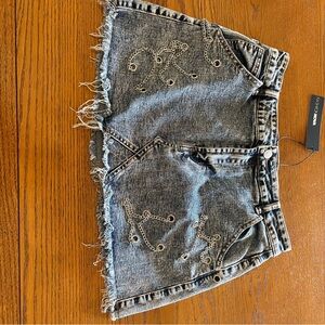 Fashion Nova Light Blue Acid-Wash Denim Skirt with Chain Eyelet Trim